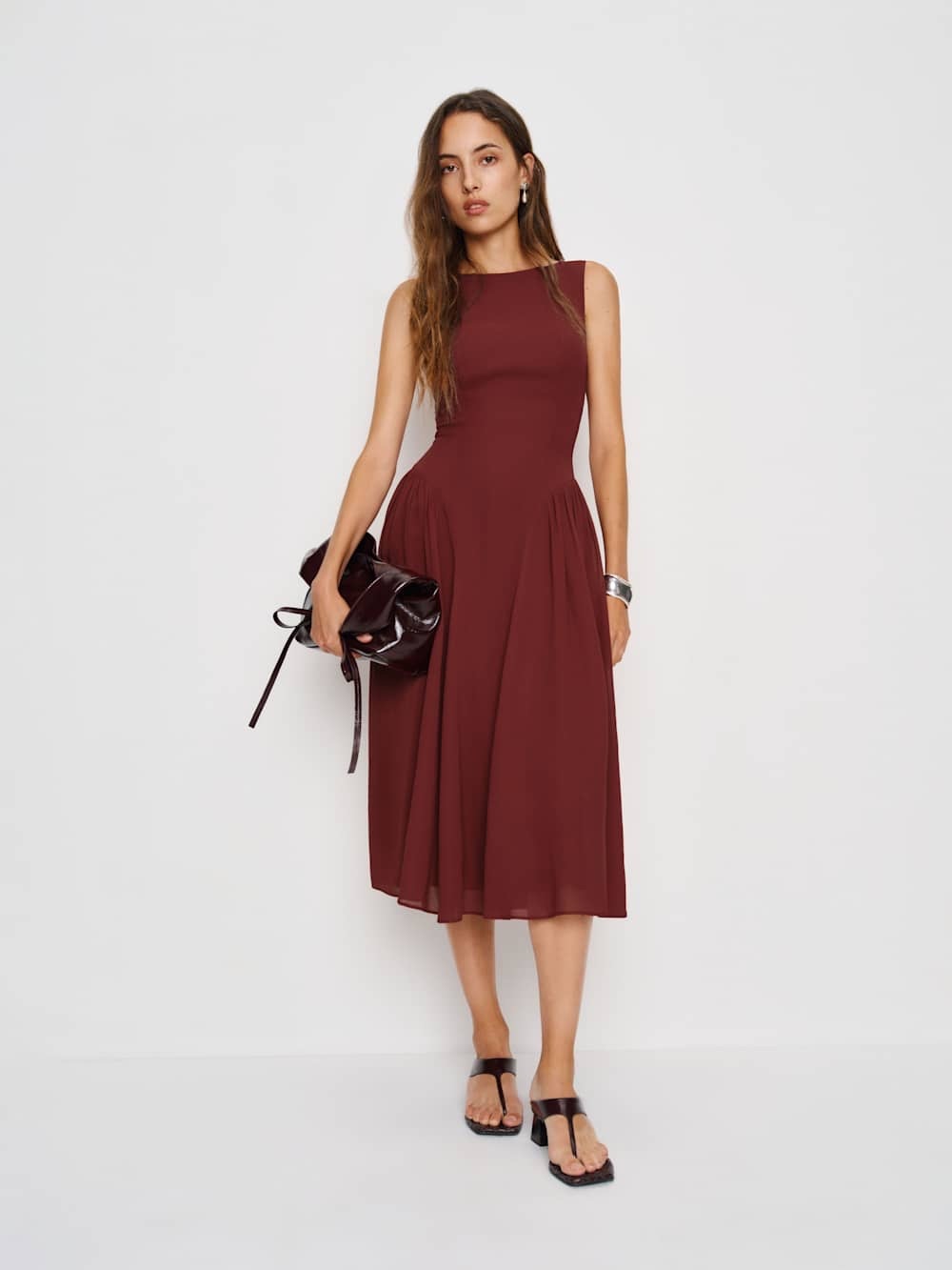 Reformation Midi Dress in Deep Burgundy - Picture 3 of 7